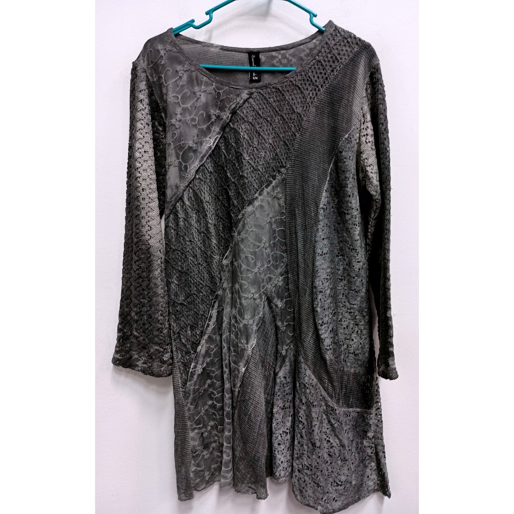 Sacred Threads Tunic Top Womens S/M Gray Lace Patchwork Long Sleeve Boho
